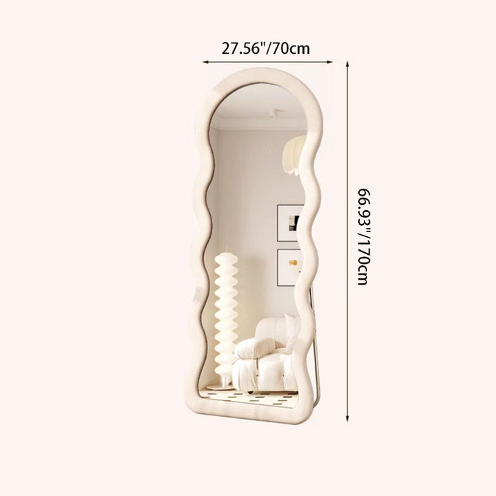 Moderner minimalistischer bodenlanger Standspiegel in Wellenform aus Samt und MDF mit dreieckigem Stützfuß &amp; rutschfest für Schlafzimmer &amp; Wohnzimmer 