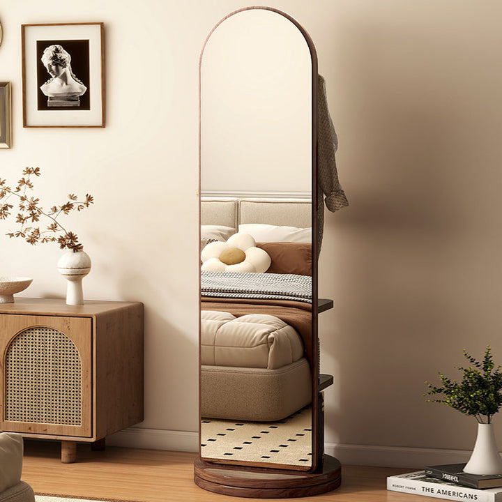 Modern Minimalist MDF Round Oval Swivel Full-Length Floor Mirror 3-Tier Storage &amp; Clothes Hanger For Bedroom &amp; Living Room