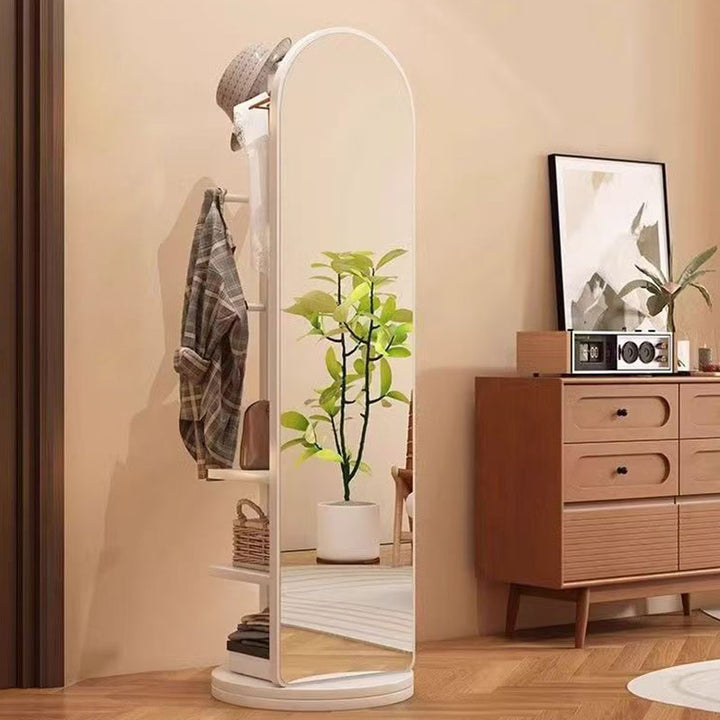 Modern Minimalist MDF Round Oval Swivel Full-Length Floor Mirror 3-Tier Storage &amp; Clothes Hanger For Bedroom &amp; Living Room