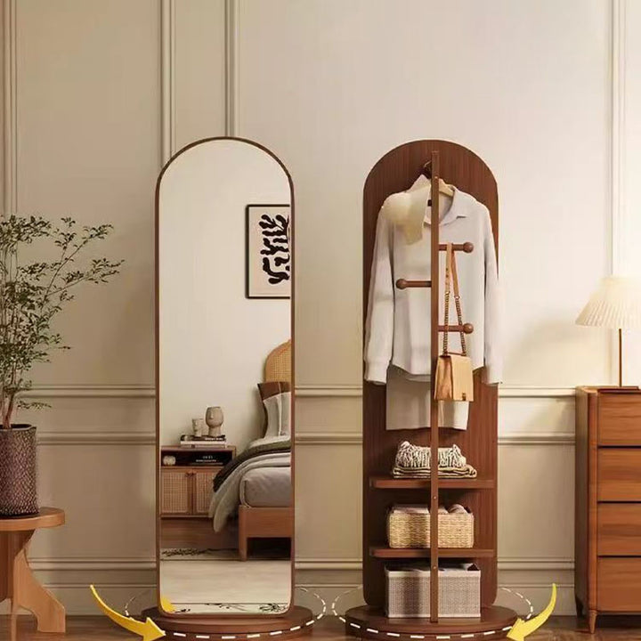 Modern Minimalist MDF Round Oval Swivel Full-Length Floor Mirror 3-Tier Storage &amp; Clothes Hanger For Bedroom &amp; Living Room