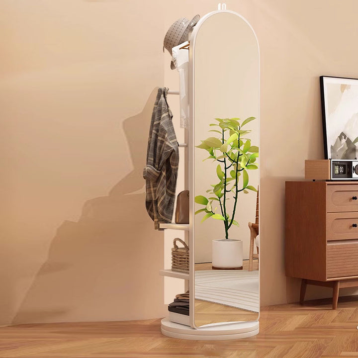 Modern Minimalist MDF Round Oval Swivel Full-Length Floor Mirror 3-Tier Storage &amp; Clothes Hanger For Bedroom &amp; Living Room