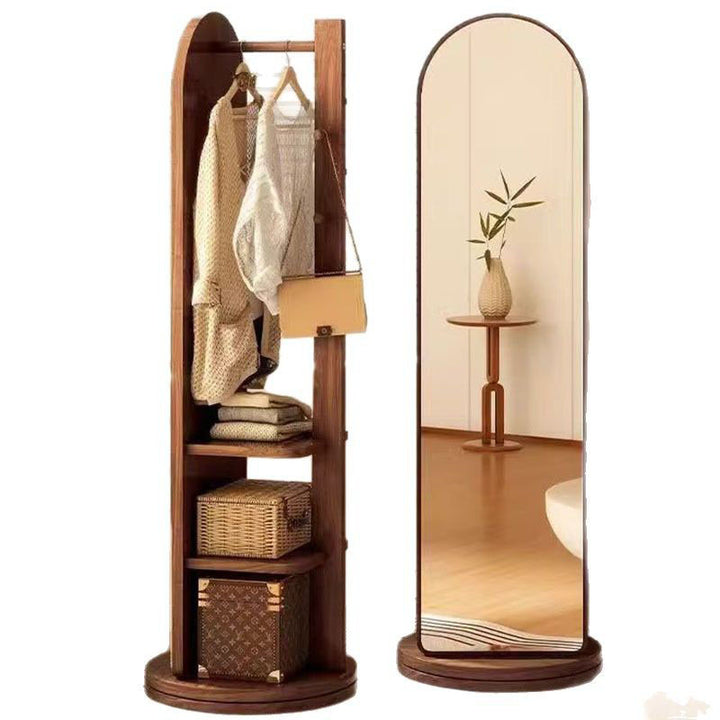 Modern Minimalist MDF Round Oval Swivel Full-Length Floor Mirror 3-Tier Storage &amp; Clothes Hanger For Bedroom &amp; Living Room