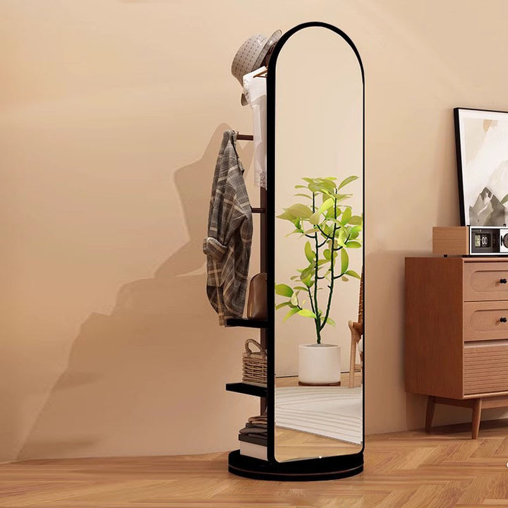 Modern Minimalist MDF Round Oval Swivel Full-Length Floor Mirror 3-Tier Storage &amp; Clothes Hanger For Bedroom &amp; Living Room