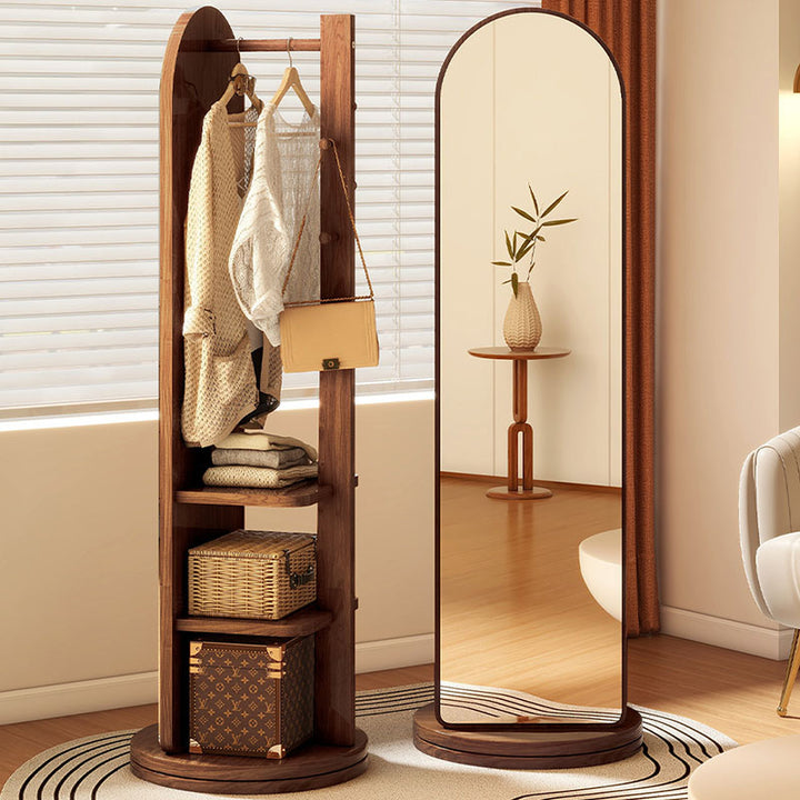 Modern Minimalist MDF Round Oval Swivel Full-Length Floor Mirror 3-Tier Storage &amp; Clothes Hanger For Bedroom &amp; Living Room