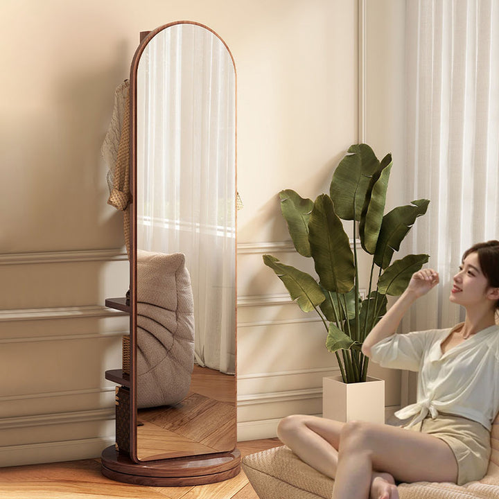Modern Minimalist MDF Round Oval Swivel Full-Length Floor Mirror 3-Tier Storage & Clothes Hanger For Bedroom & Living Room