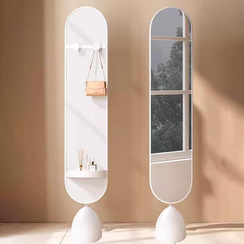 Moderner minimalistischer ovaler Standspiegel aus Eisen, Kunststoff und Glas, drehbar, in Ganzkörpergröße, mit Stauraum &amp; Kleiderständer für Schlafzimmer &amp; Wohnzimmer 