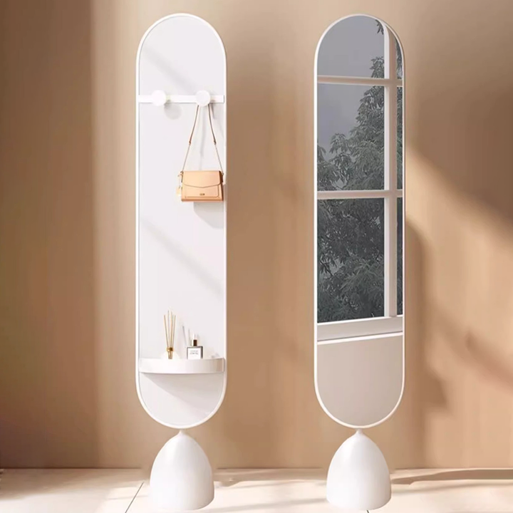 Modern Minimalist Iron Plastic Glass Oval Swivel Full-Length Floor Mirror With Storage & Clothing Rack For Bedroom & Living Room