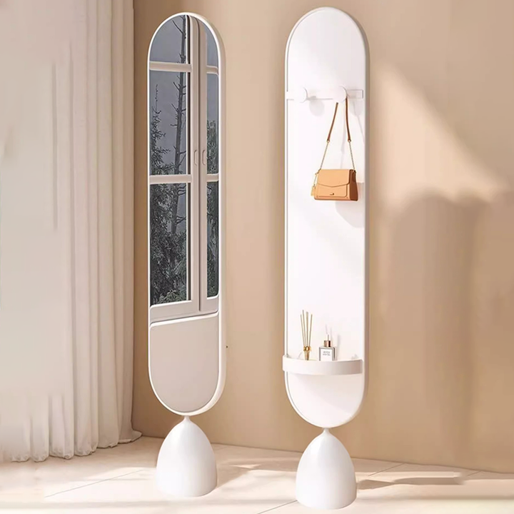 Moderner minimalistischer ovaler Standspiegel aus Eisen, Kunststoff und Glas, drehbar, in Ganzkörpergröße, mit Stauraum &amp; Kleiderständer für Schlafzimmer &amp; Wohnzimmer 