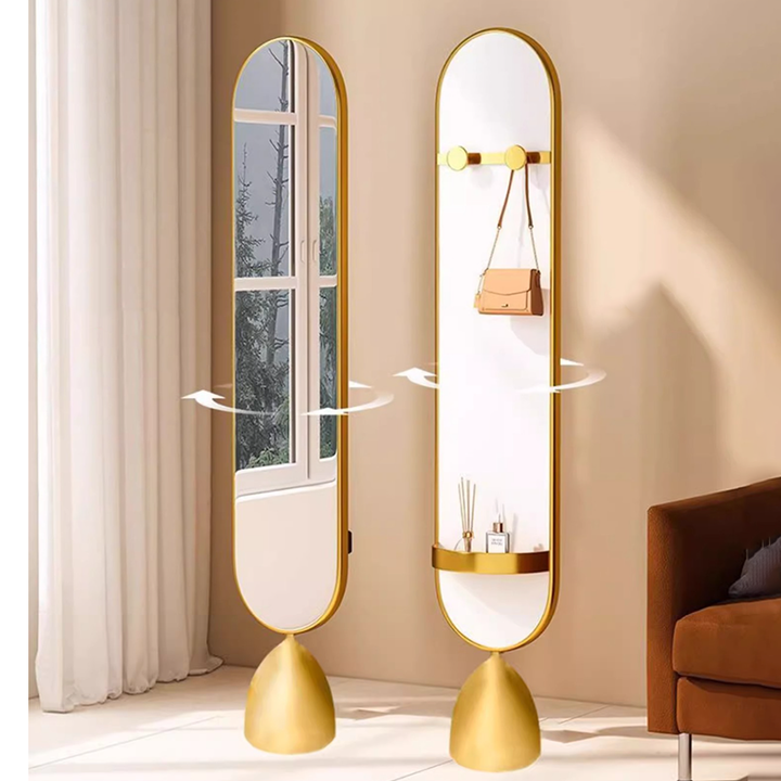 Moderner minimalistischer ovaler Standspiegel aus Eisen, Kunststoff und Glas, drehbar, in Ganzkörpergröße, mit Stauraum &amp; Kleiderständer für Schlafzimmer &amp; Wohnzimmer 