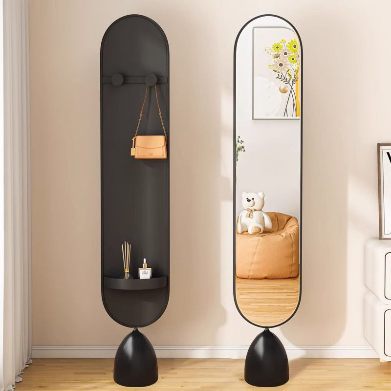 Moderner minimalistischer ovaler Standspiegel aus Eisen, Kunststoff und Glas, drehbar, in Ganzkörpergröße, mit Stauraum &amp; Kleiderständer für Schlafzimmer &amp; Wohnzimmer 
