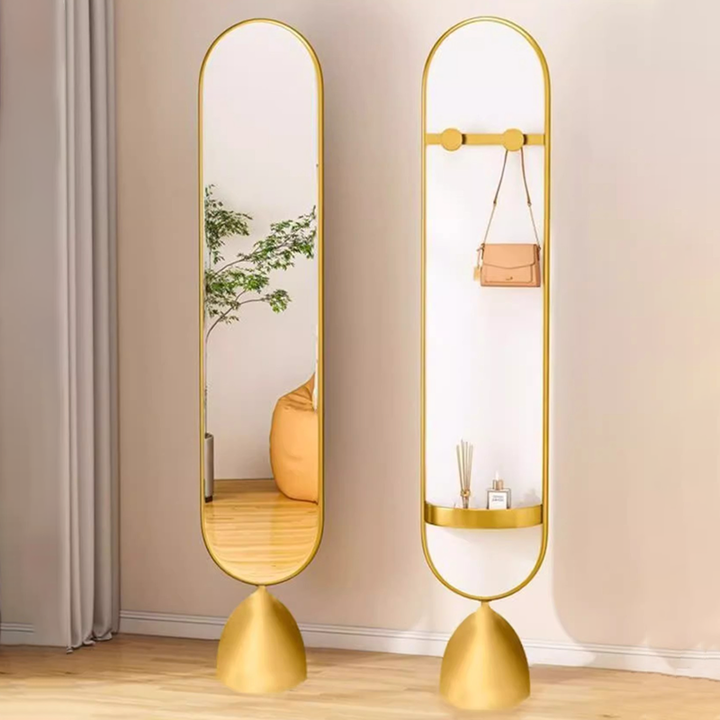 Moderner minimalistischer ovaler Standspiegel aus Eisen, Kunststoff und Glas, drehbar, in Ganzkörpergröße, mit Stauraum &amp; Kleiderständer für Schlafzimmer &amp; Wohnzimmer 