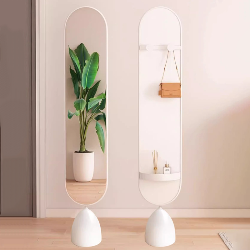 Moderner minimalistischer ovaler Standspiegel aus Eisen, Kunststoff und Glas, drehbar, in Ganzkörpergröße, mit Stauraum &amp; Kleiderständer für Schlafzimmer &amp; Wohnzimmer 