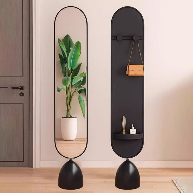 Moderner minimalistischer ovaler Standspiegel aus Eisen, Kunststoff und Glas, drehbar, in Ganzkörpergröße, mit Stauraum &amp; Kleiderständer für Schlafzimmer &amp; Wohnzimmer 