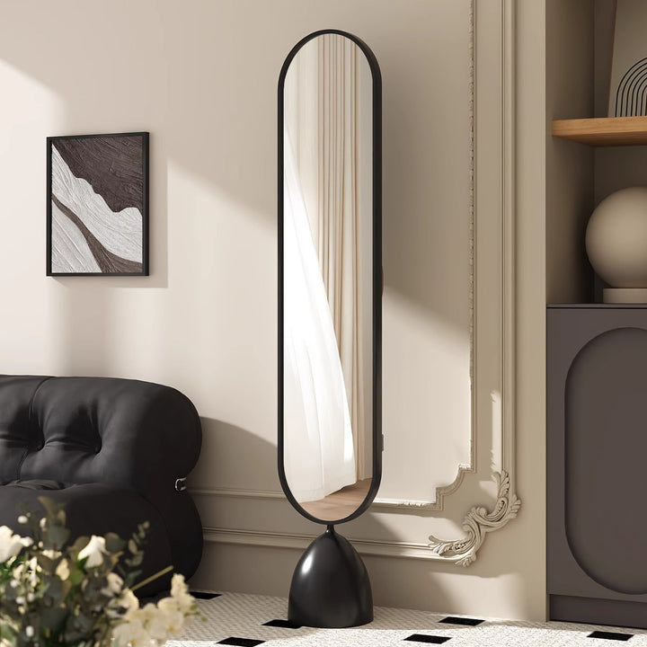 Moderner minimalistischer ovaler Standspiegel aus Eisen, Kunststoff und Glas, drehbar, in Ganzkörpergröße, mit Stauraum &amp; Kleiderständer für Schlafzimmer &amp; Wohnzimmer 
