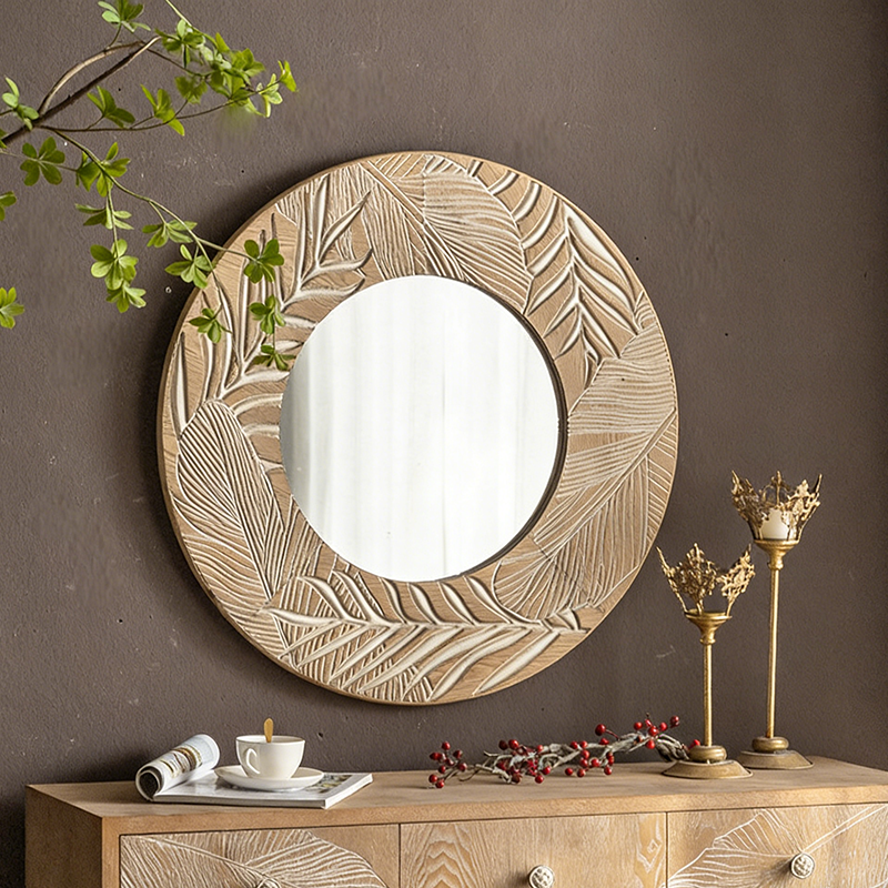 Moderner runder Wandspiegel aus Kiefernholz und Glas im Coastal-Stil für das Wohnzimmer 