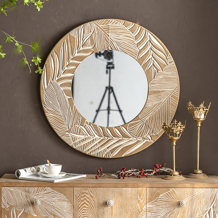 Moderner runder Wandspiegel aus Kiefernholz und Glas im Coastal-Stil für das Wohnzimmer 