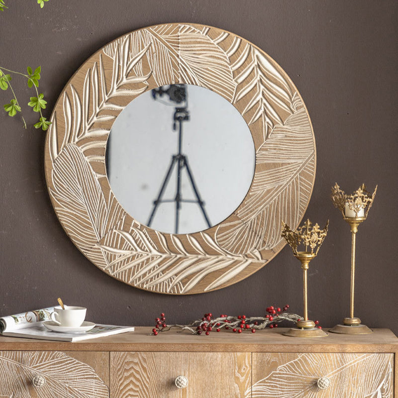 Moderner runder Wandspiegel aus Kiefernholz und Glas im Coastal-Stil für das Wohnzimmer 