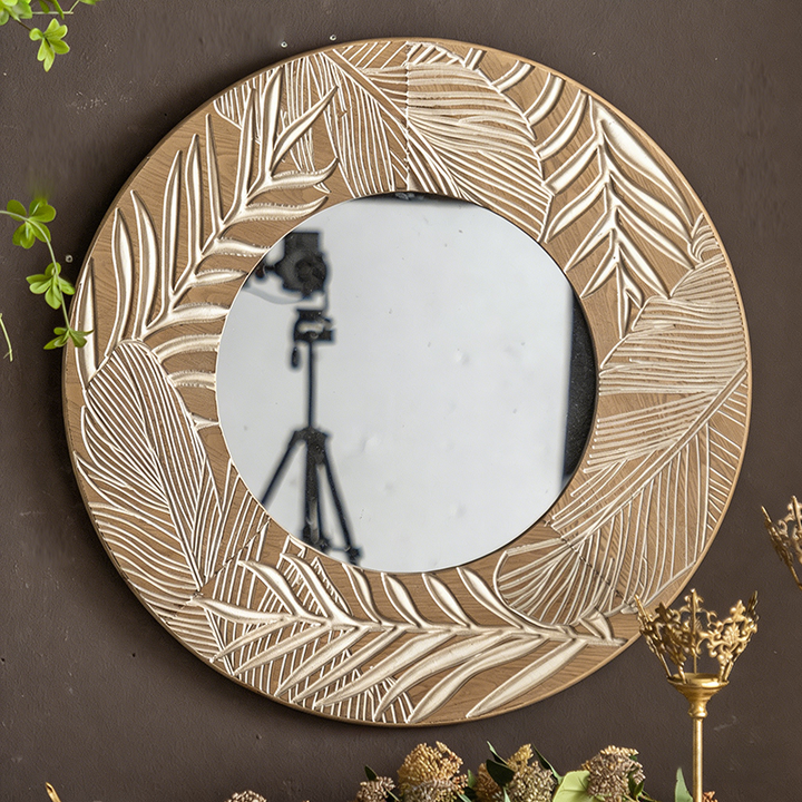 Moderner runder Wandspiegel aus Kiefernholz und Glas im Coastal-Stil für das Wohnzimmer 