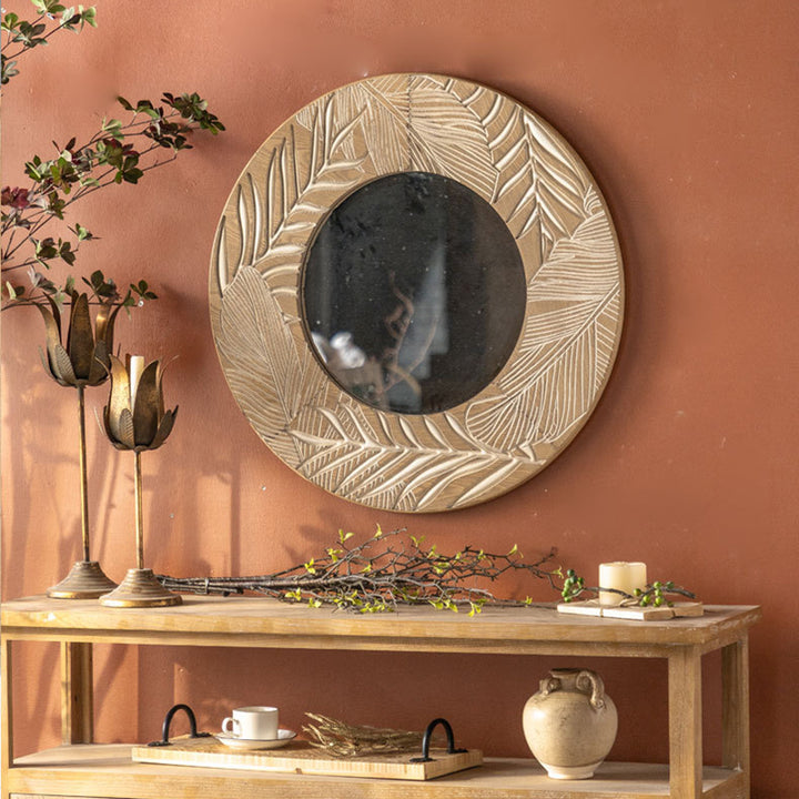 Moderner runder Wandspiegel aus Kiefernholz und Glas im Coastal-Stil für das Wohnzimmer 