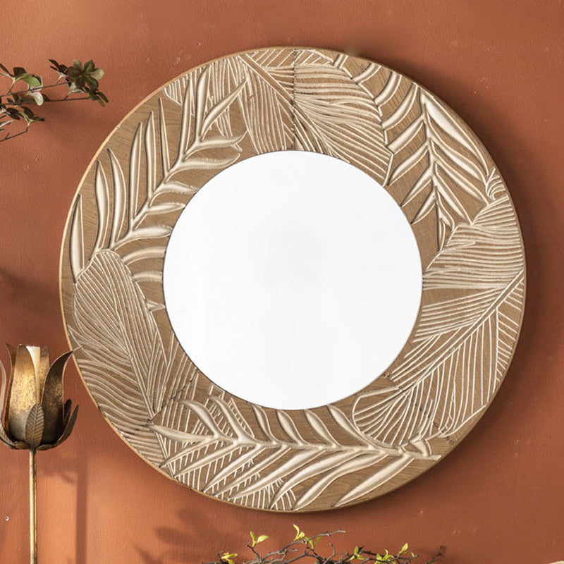 Moderner runder Wandspiegel aus Kiefernholz und Glas im Coastal-Stil für das Wohnzimmer 