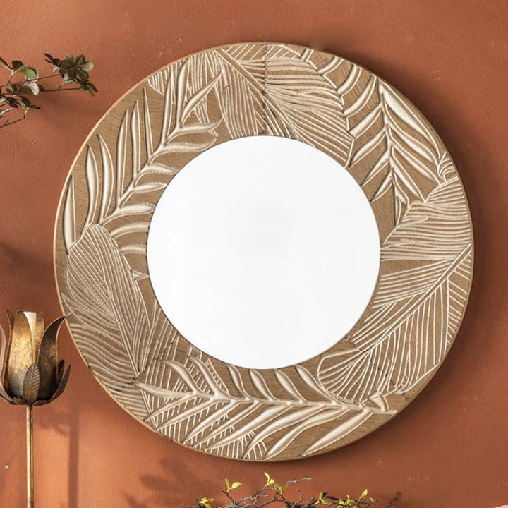 Moderner runder Wandspiegel aus Kiefernholz und Glas im Coastal-Stil für das Wohnzimmer 