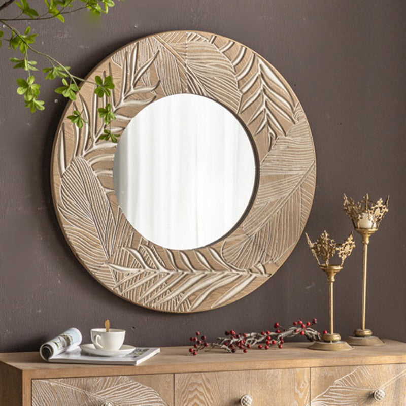 Moderner runder Wandspiegel aus Kiefernholz und Glas im Coastal-Stil für das Wohnzimmer 
