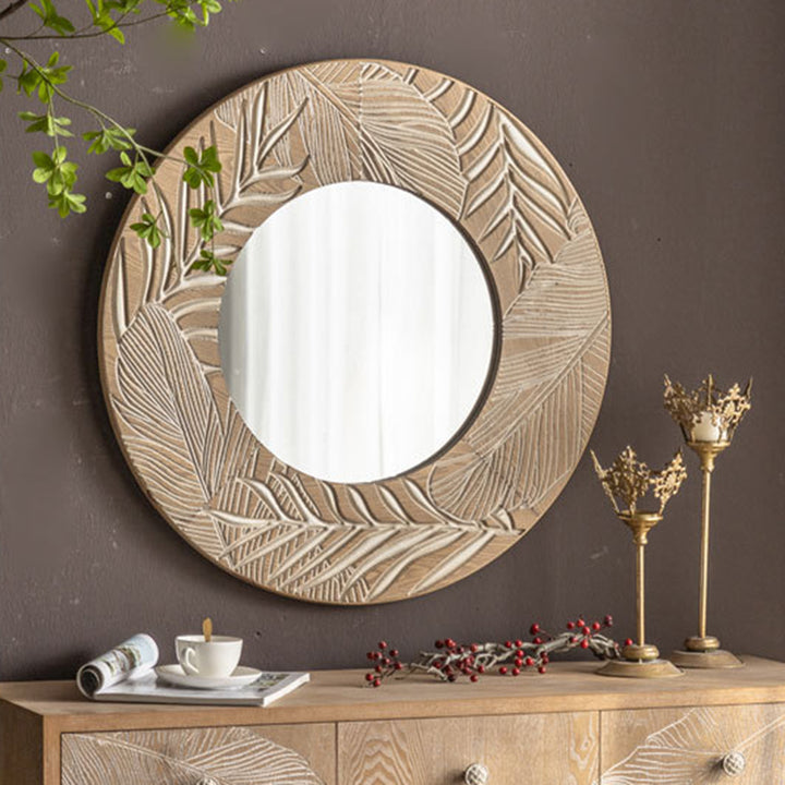 Moderner runder Wandspiegel aus Kiefernholz und Glas im Coastal-Stil für das Wohnzimmer 
