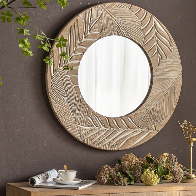 Moderner runder Wandspiegel aus Kiefernholz und Glas im Coastal-Stil für das Wohnzimmer 