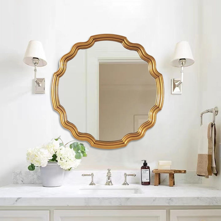 Traditioneller runder Wandspiegel aus Polyurethan und Glas in Wellenform im europäischen Stil für Wohnzimmer, Badezimmer und Schlafzimmer 