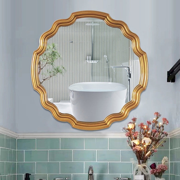 Traditioneller runder Wandspiegel aus Polyurethan und Glas in Wellenform im europäischen Stil für Wohnzimmer, Badezimmer und Schlafzimmer 