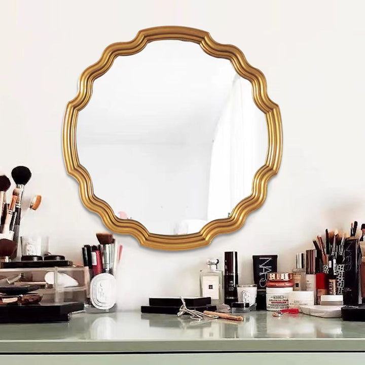 Traditioneller runder Wandspiegel aus Polyurethan und Glas in Wellenform im europäischen Stil für Wohnzimmer, Badezimmer und Schlafzimmer 