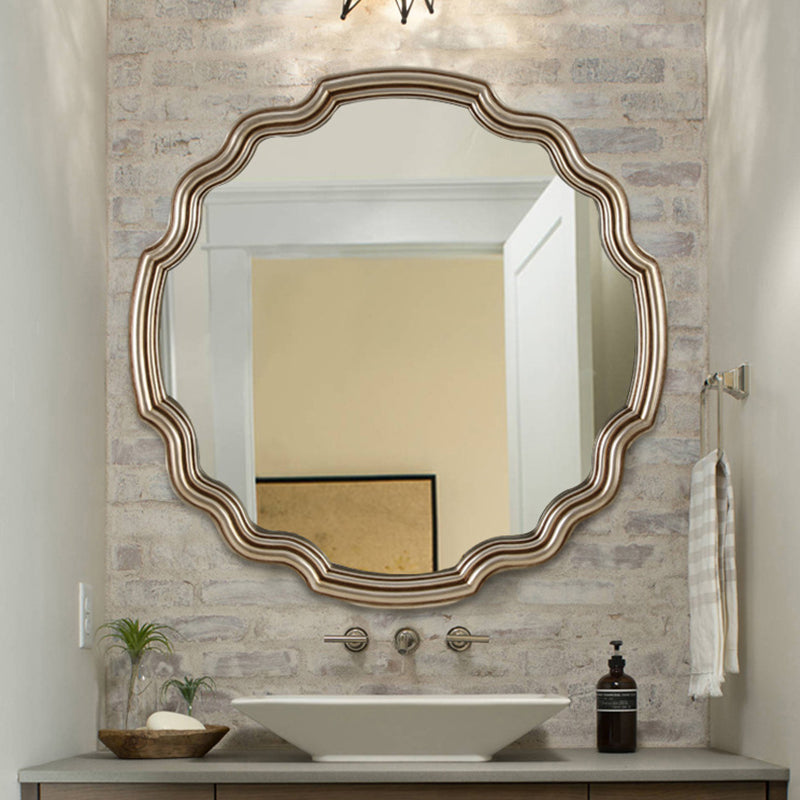 Traditioneller runder Wandspiegel aus Polyurethan und Glas in Wellenform im europäischen Stil für Wohnzimmer, Badezimmer und Schlafzimmer 