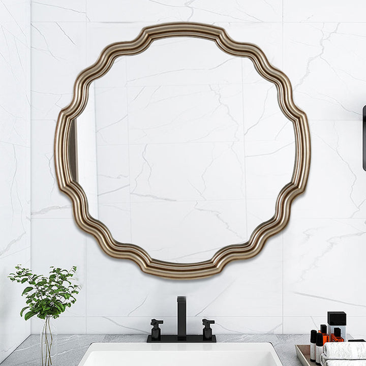 Traditioneller runder Wandspiegel aus Polyurethan und Glas in Wellenform im europäischen Stil für Wohnzimmer, Badezimmer und Schlafzimmer 