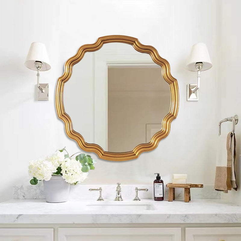Traditioneller runder Wandspiegel aus Polyurethan und Glas in Wellenform im europäischen Stil für Wohnzimmer, Badezimmer und Schlafzimmer 