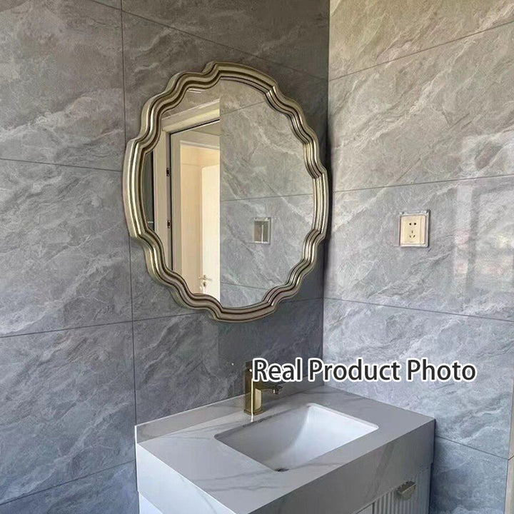 Traditioneller runder Wandspiegel aus Polyurethan und Glas in Wellenform im europäischen Stil für Wohnzimmer, Badezimmer und Schlafzimmer 