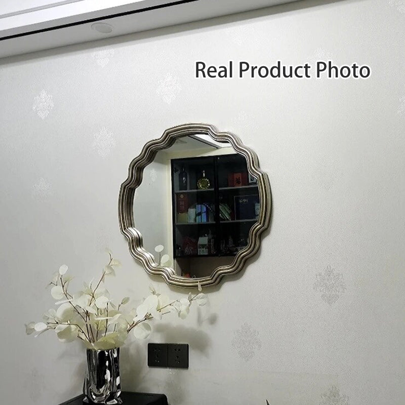 Traditioneller runder Wandspiegel aus Polyurethan und Glas in Wellenform im europäischen Stil für Wohnzimmer, Badezimmer und Schlafzimmer 