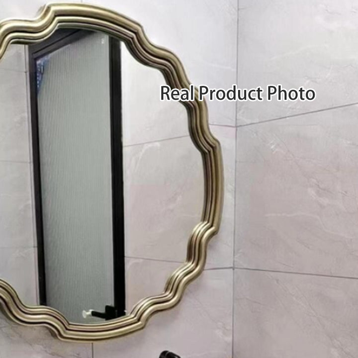 Traditioneller runder Wandspiegel aus Polyurethan und Glas in Wellenform im europäischen Stil für Wohnzimmer, Badezimmer und Schlafzimmer 