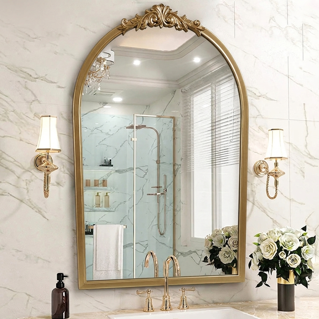Traditioneller französischer ovaler Bogen-Wandspiegel aus Polyurethan und Glas für Wohnzimmer &amp; Badezimmer 