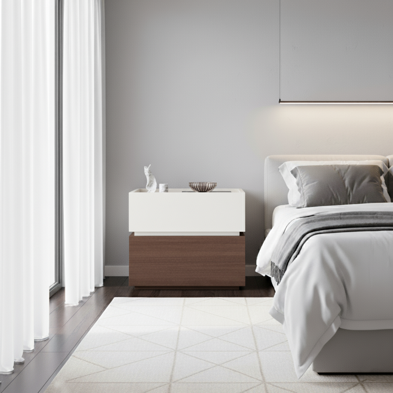 Modern Minimalist Solid Wood Eco Board Square Rectangular Nightstand with 2 Drawers for Bedroom