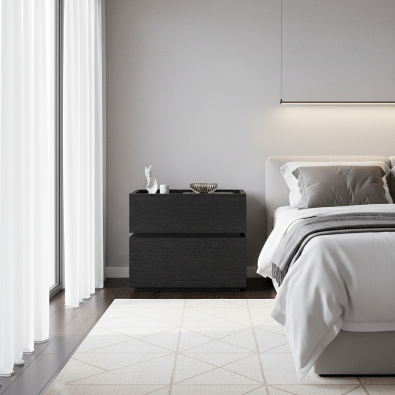 Modern Minimalist Solid Wood Eco Board Square Rectangular Nightstand with 2 Drawers for Bedroom