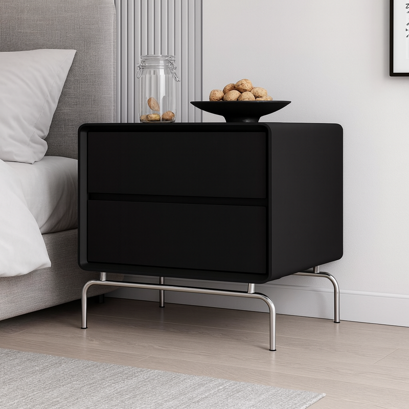 Contemporary Nordic Cat-Scratch Leather Pine Wood Carbon Steel Square Rectangular Nightstand With 2 Drawers For Bedroom