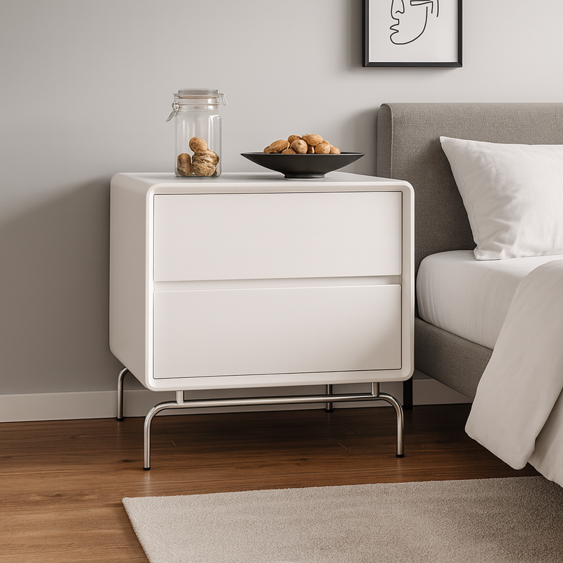 Contemporary Nordic Cat-Scratch Leather Pine Wood Carbon Steel Square Rectangular Nightstand With 2 Drawers For Bedroom