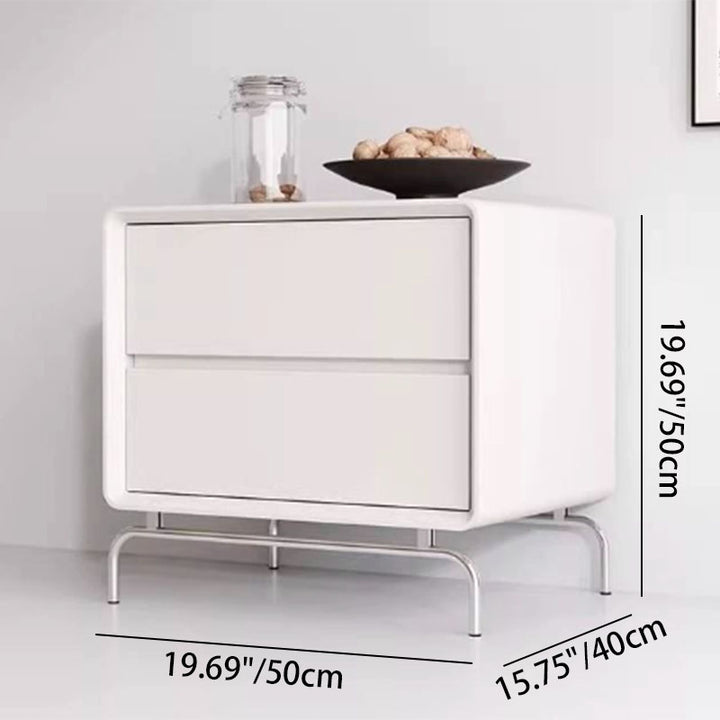 Zeitgenössischer nordischer Katzenkratzleder-Kiefernholz-Kohlenstoffstahl-Quadrat-Rechteck-Nachttisch mit 2 Schubladen für das Schlafzimmer 