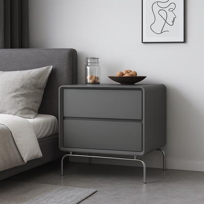 Contemporary Nordic Cat-Scratch Leather Pine Wood Carbon Steel Square Rectangular Nightstand With 2 Drawers For Bedroom
