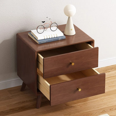 Modern Minimalist Square Rectangular Rubberwood Solid Wood Plywood Nightstand With 2-Drawer For Bedroom
