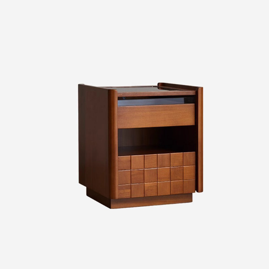 Table de chevet traditionnelle vintage carrée rectangulaire en bois de cerisier et bois de pin avec verre, avec 2 tiroirs, pour chambre à coucher 