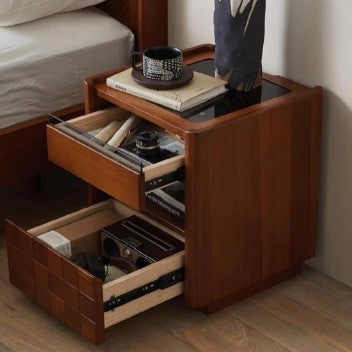 Table de chevet traditionnelle vintage carrée rectangulaire en bois de cerisier et bois de pin avec verre, avec 2 tiroirs, pour chambre à coucher 