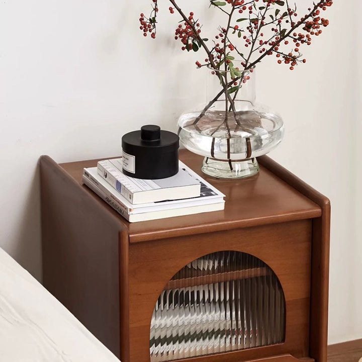 Table de chevet traditionnelle vintage carrée rectangulaire en bois de cerisier et bois de pin avec verre, avec 2 tiroirs, pour chambre à coucher 