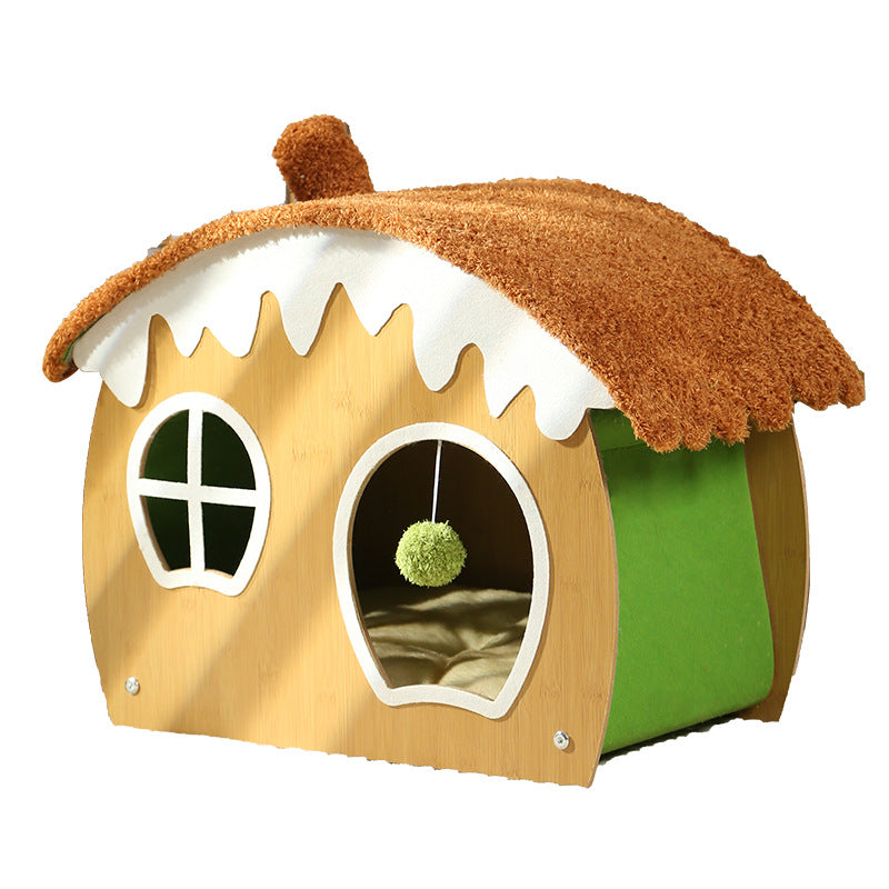 Lit pour chat et lit pour chien en forme de maison courbée contemporaine, en panneau de fibres de densité moyenne, tissu teddy fleece, avec balle jouet, pour chambre à coucher 