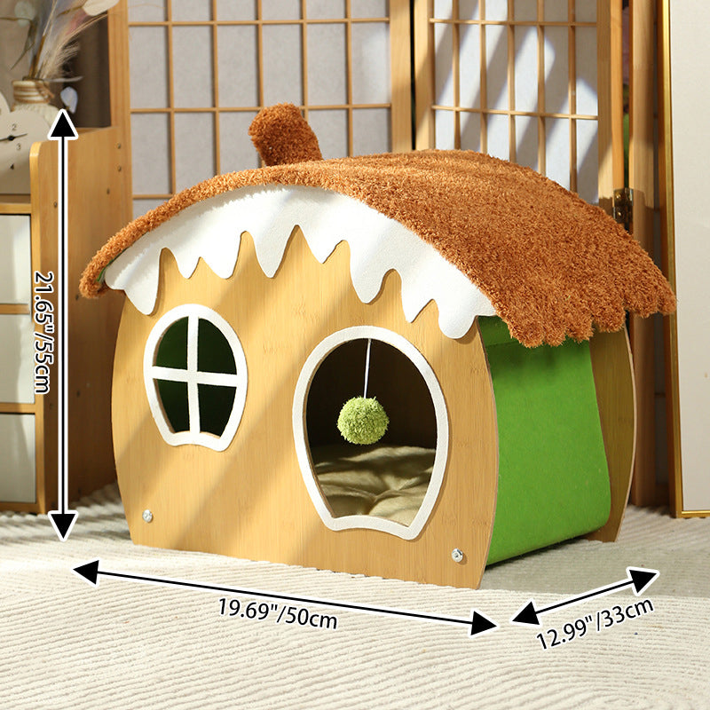 Lit pour chat et lit pour chien en forme de maison courbée contemporaine, en panneau de fibres de densité moyenne, tissu teddy fleece, avec balle jouet, pour chambre à coucher 